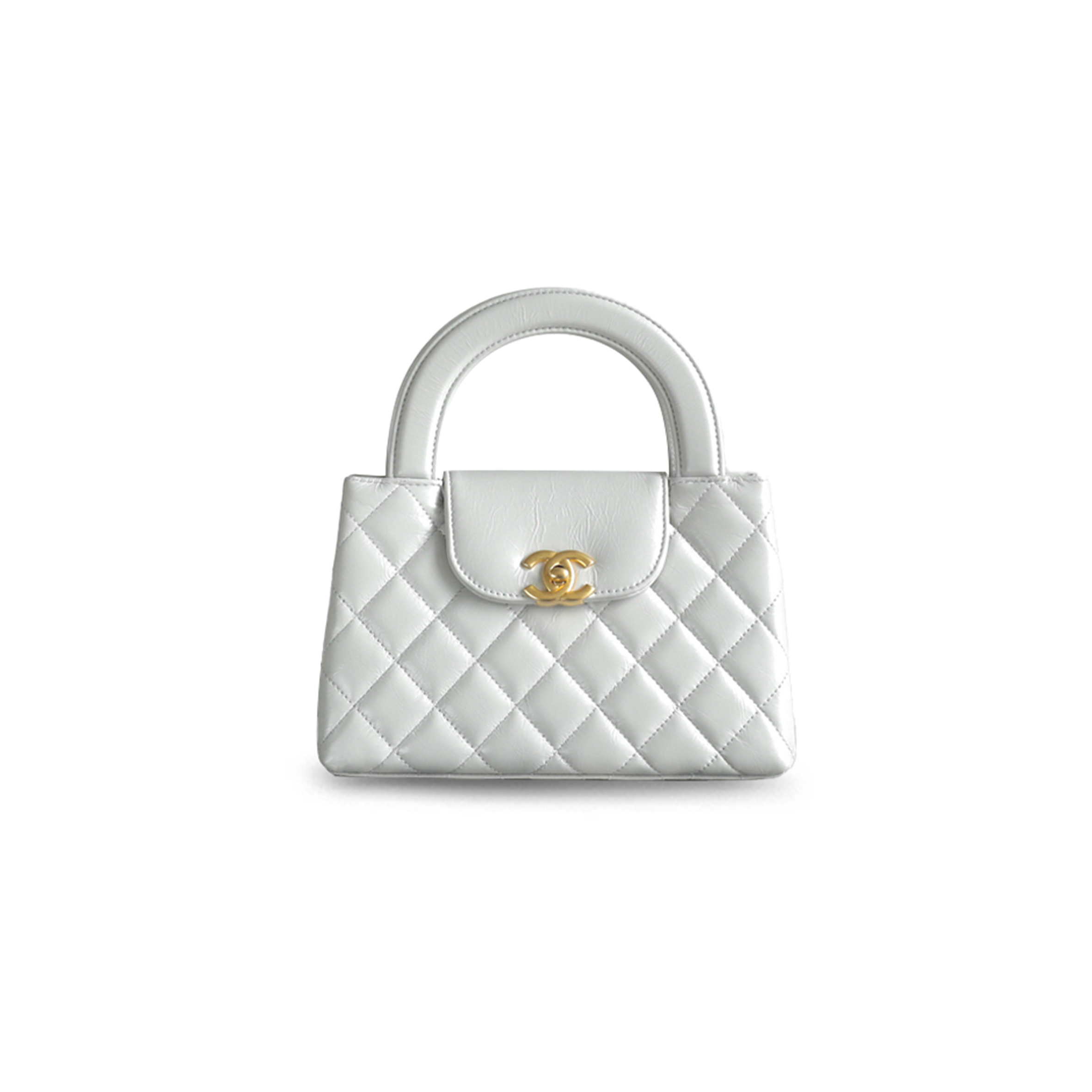 CHANEL KELLY SHOPPER MILK GRAY GLOSSY DISTRESSED CALFSKIN BRUSHED GOLD HARDWARE AS4416 (19*13*7cm)